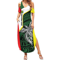 Personalised PNG Oro Province Family Matching Summer Maxi Dress and Hawaiian Shirt Bird of Paradise Tattoo Flag Motif LT9 Mom's Dress Green - Polynesian Pride