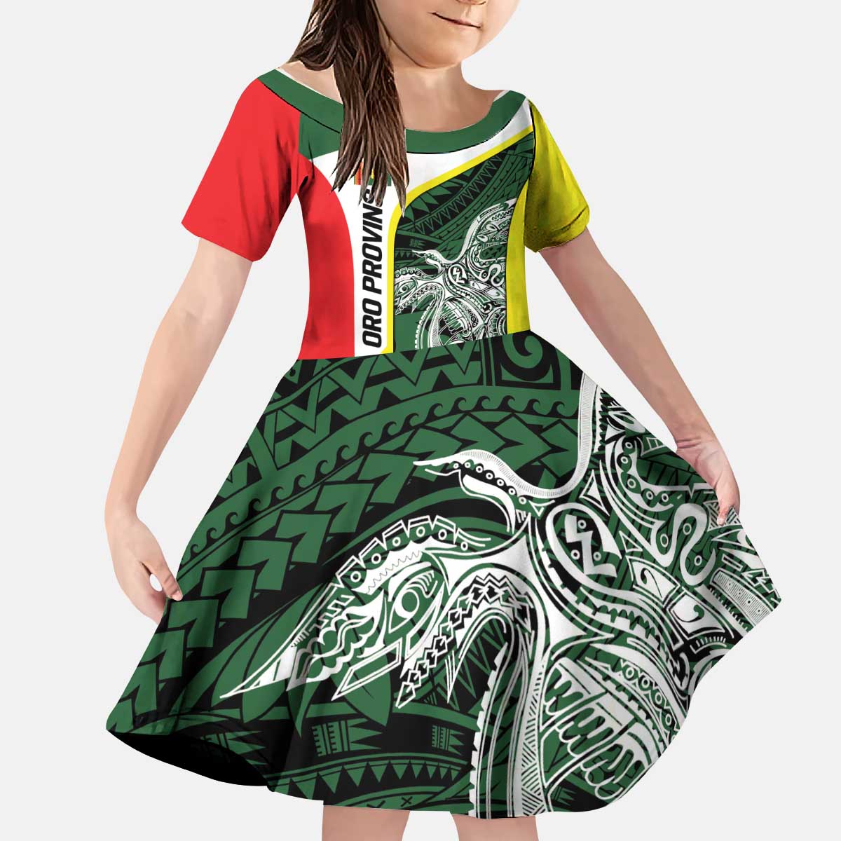 Personalised PNG Oro Province Kid Short Sleeve Dress Bird of Paradise Tattoo Flag Motif LT9 KID Green - Polynesian Pride