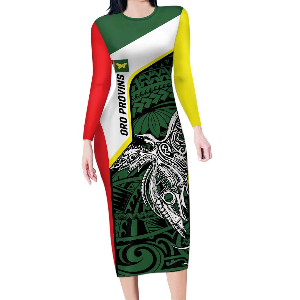 Personalised PNG Oro Province Long Sleeve Bodycon Dress Bird of Paradise Tattoo Flag Motif LT9 Long Dress Green - Polynesian Pride