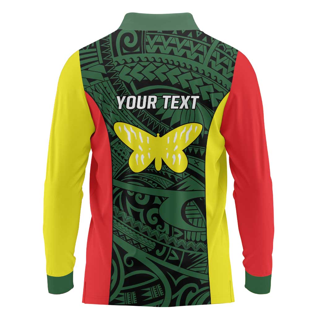Personalised PNG Oro Province Long Sleeve Polo Shirt Bird of Paradise Tattoo Flag Motif LT9 - Polynesian Pride