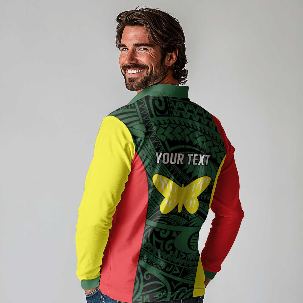 Personalised PNG Oro Province Long Sleeve Polo Shirt Bird of Paradise Tattoo Flag Motif LT9 - Polynesian Pride