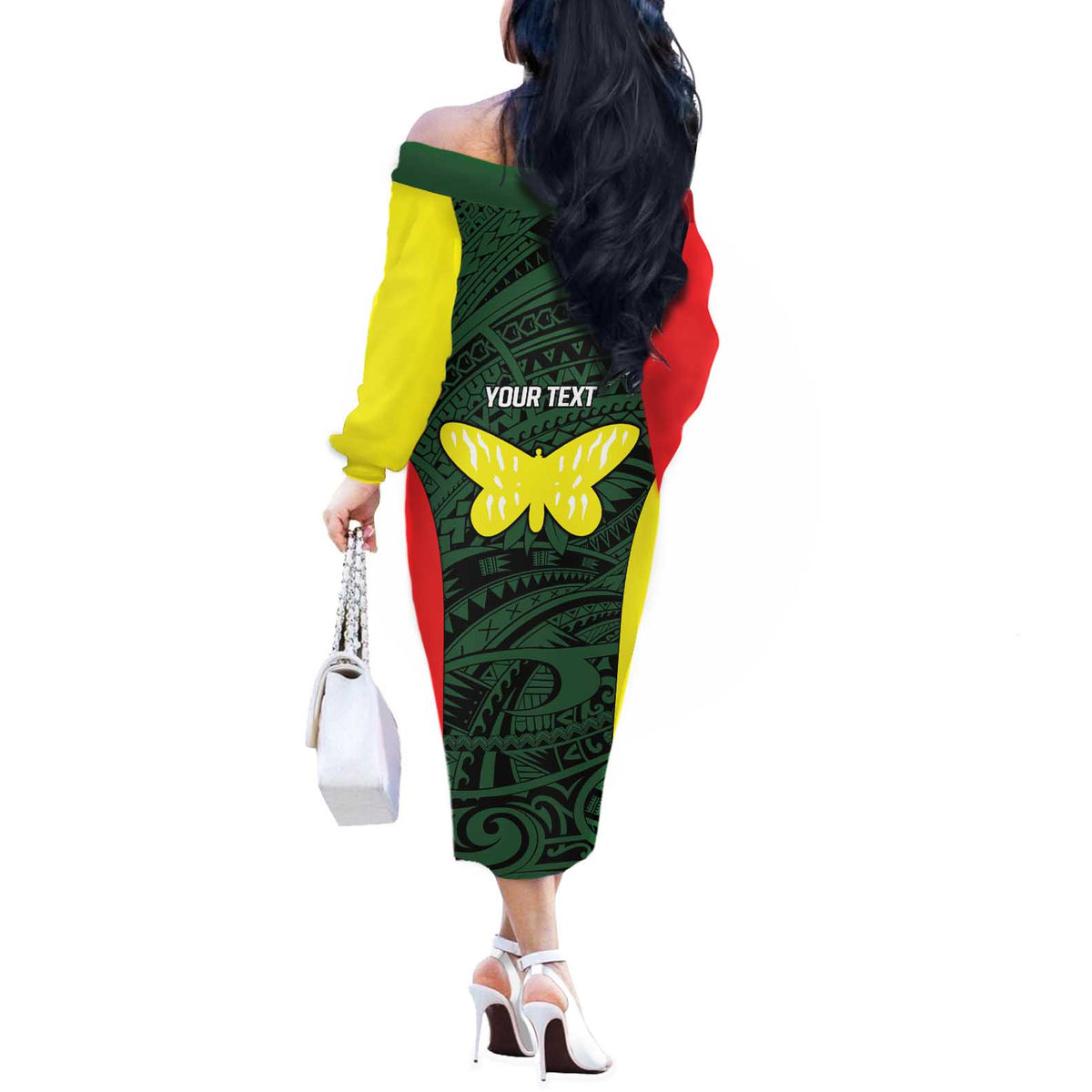 Personalised PNG Oro Province Off The Shoulder Long Sleeve Dress Bird of Paradise Tattoo Flag Motif LT9 - Polynesian Pride