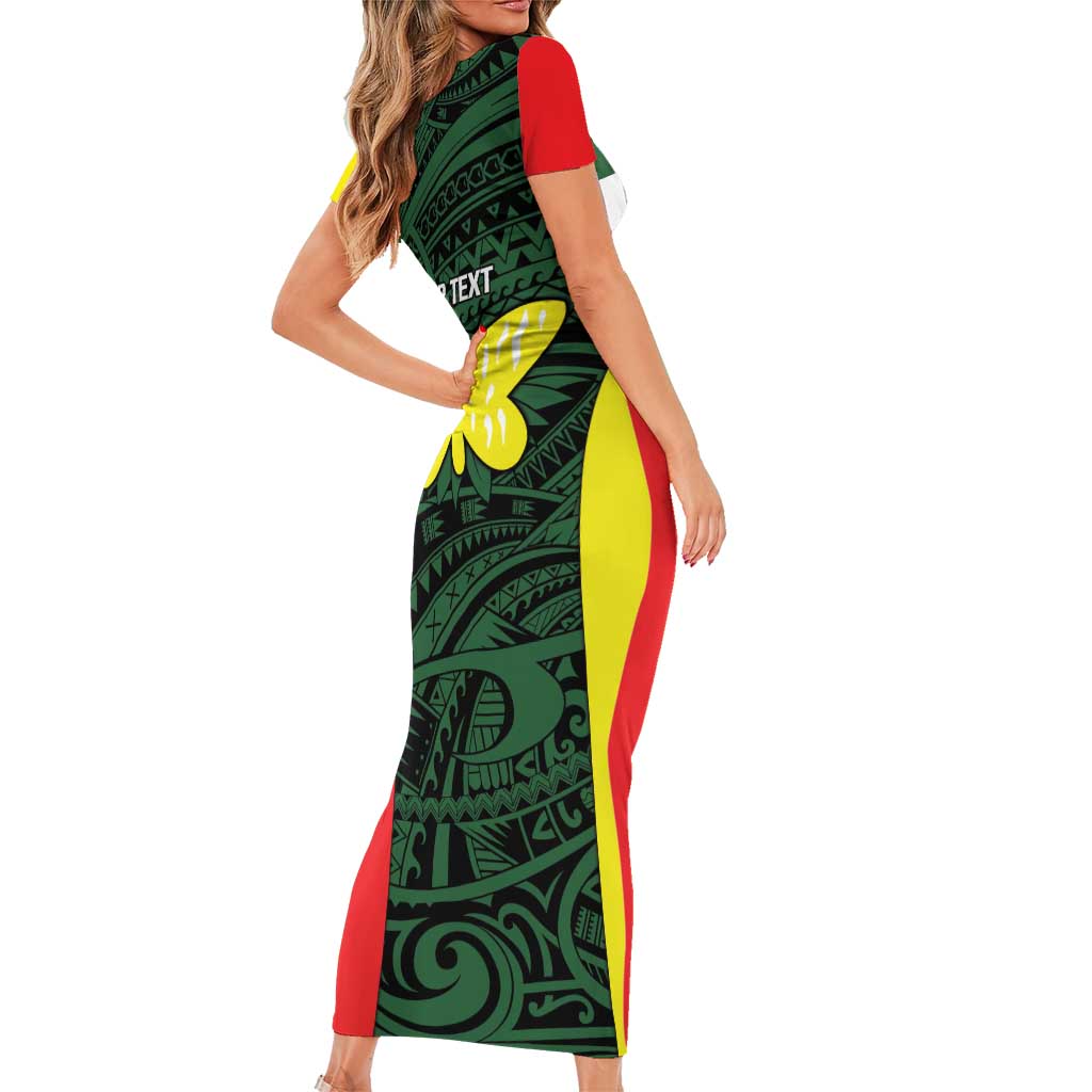 Personalised PNG Oro Province Short Sleeve Bodycon Dress Bird of Paradise Tattoo Flag Motif LT9 - Polynesian Pride