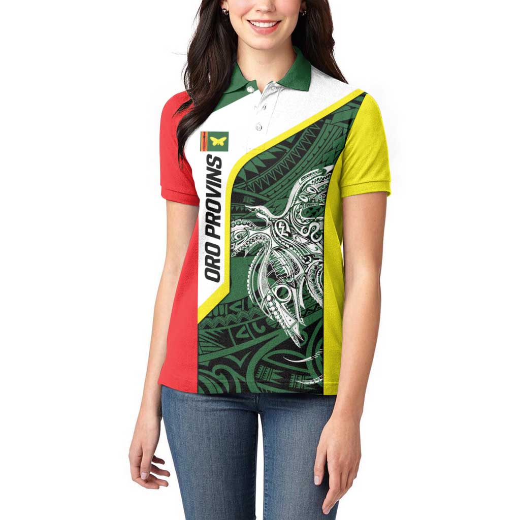 Personalised PNG Oro Province Women Polo Shirt Bird of Paradise Tattoo Flag Motif LT9 - Polynesian Pride