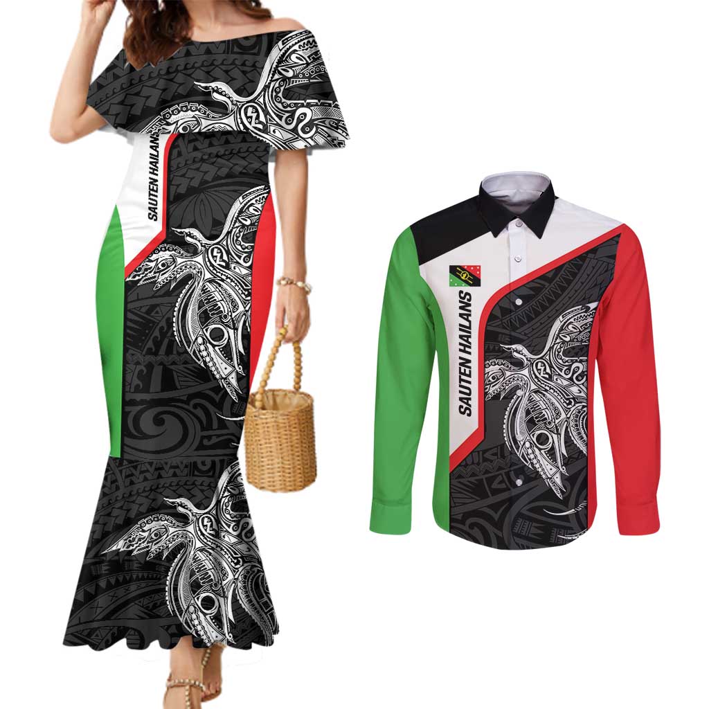 Personalised PNG Southern Highlands Province Couples Matching Mermaid Dress and Long Sleeve Button Shirt Bird of Paradise Tattoo Flag Motif LT9 Red - Polynesian Pride