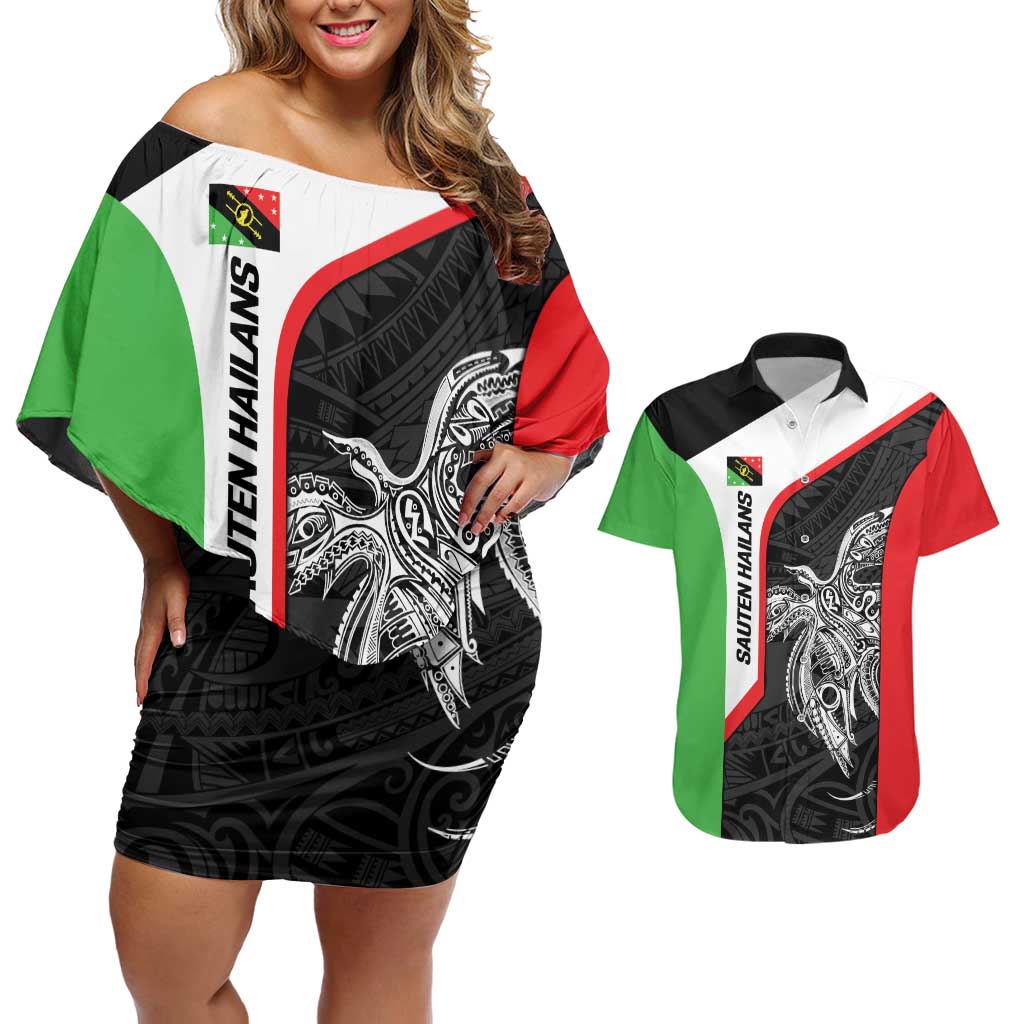 Personalised PNG Southern Highlands Province Couples Matching Off Shoulder Short Dress and Hawaiian Shirt Bird of Paradise Tattoo Flag Motif LT9 Red - Polynesian Pride