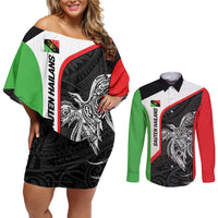 Personalised PNG Southern Highlands Province Couples Matching Off Shoulder Short Dress and Long Sleeve Button Shirt Bird of Paradise Tattoo Flag Motif LT9 Red - Polynesian Pride