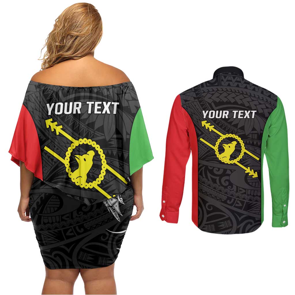 Personalised PNG Southern Highlands Province Couples Matching Off Shoulder Short Dress and Long Sleeve Button Shirt Bird of Paradise Tattoo Flag Motif LT9 - Polynesian Pride