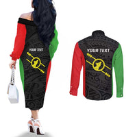 Personalised PNG Southern Highlands Province Couples Matching Off The Shoulder Long Sleeve Dress and Long Sleeve Button Shirt Bird of Paradise Tattoo Flag Motif LT9 - Polynesian Pride