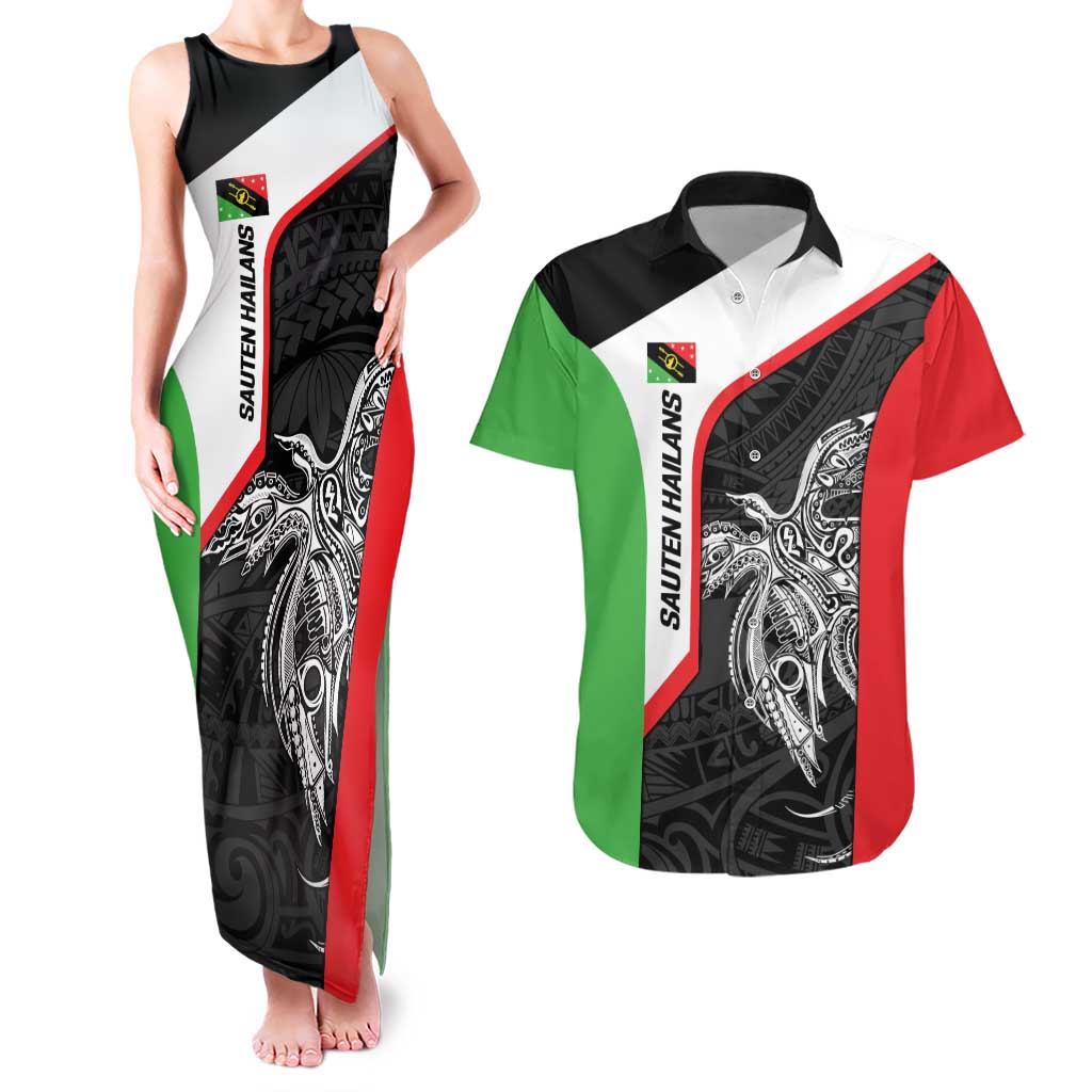 Personalised PNG Southern Highlands Province Couples Matching Tank Maxi Dress and Hawaiian Shirt Bird of Paradise Tattoo Flag Motif - Polynesian Pride