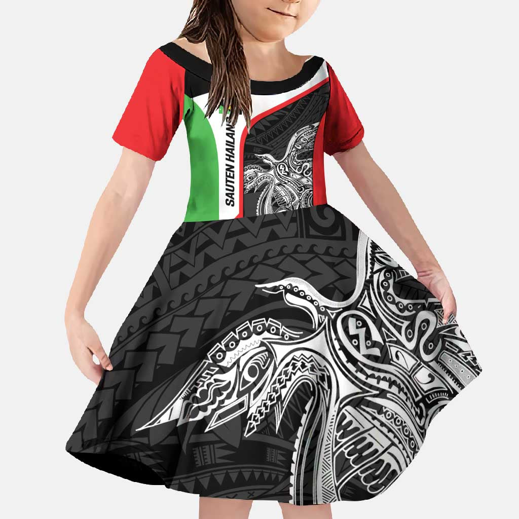 Personalised PNG Southern Highlands Province Family Matching Off Shoulder Maxi Dress and Hawaiian Shirt Bird of Paradise Tattoo Flag Motif LT9 Daughter's Dress Red - Polynesian Pride
