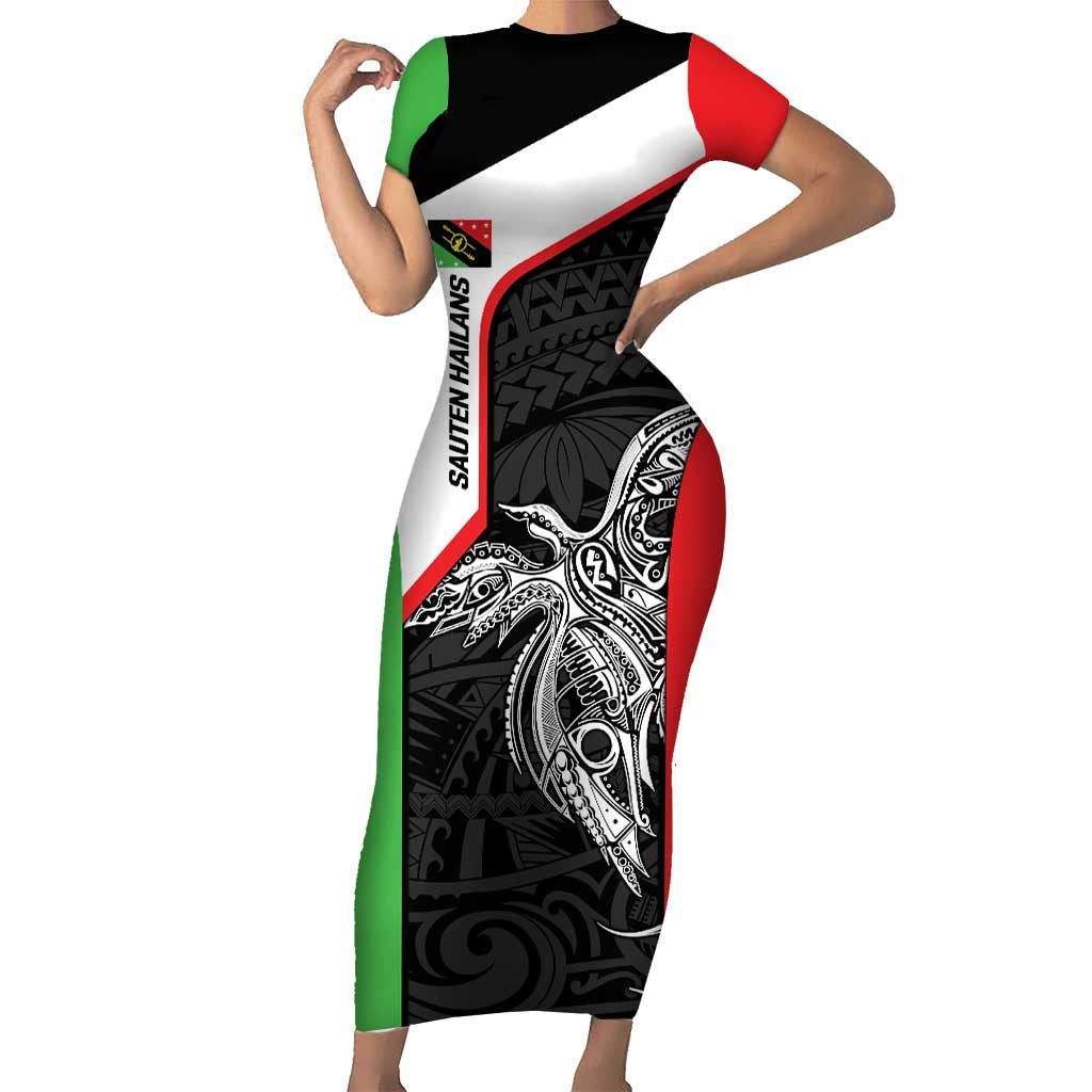Personalised PNG Southern Highlands Province Family Matching Short Sleeve Bodycon Dress and Hawaiian Shirt Bird of Paradise Tattoo Flag Motif LT9 Mom's Dress Red - Polynesian Pride