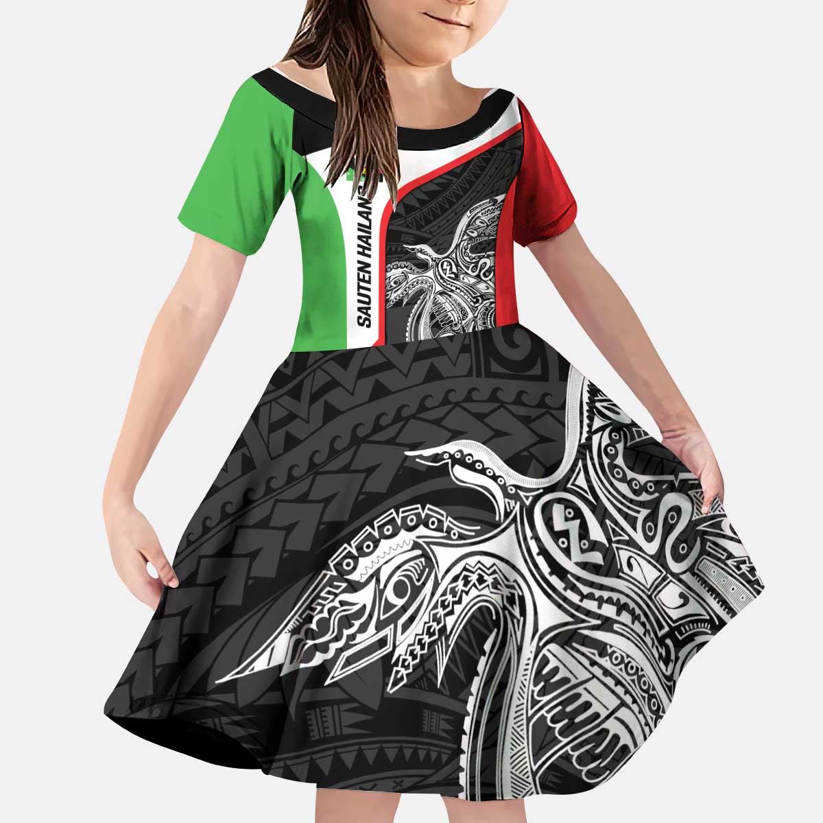Personalised PNG Southern Highlands Province Kid Short Sleeve Dress Bird of Paradise Tattoo Flag Motif LT9 KID Red - Polynesian Pride