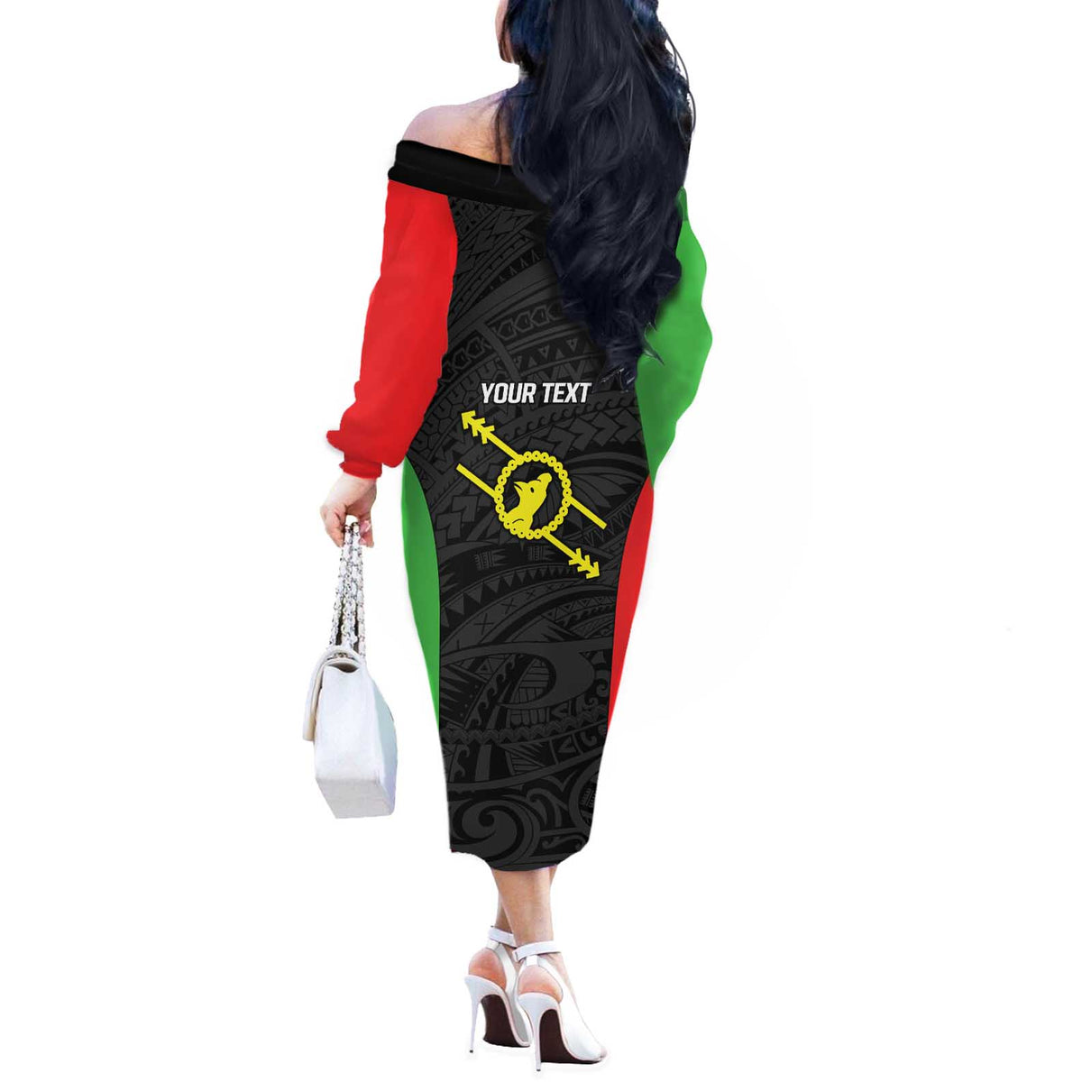 Personalised PNG Southern Highlands Province Off The Shoulder Long Sleeve Dress Bird of Paradise Tattoo Flag Motif LT9 - Polynesian Pride