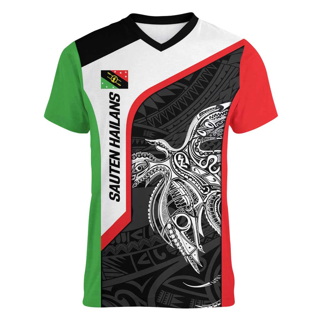 Personalised PNG Southern Highlands Province Women V-Neck T-Shirt Bird of Paradise Tattoo Flag Motif - Polynesian Pride