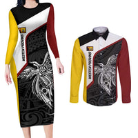 Personalised PNG Western Province Couples Matching Long Sleeve Bodycon Dress and Long Sleeve Button Shirt Bird of Paradise Tattoo Flag Motif LT9 Red - Polynesian Pride