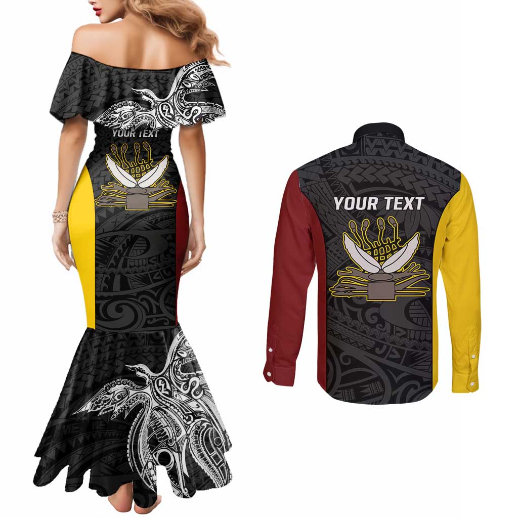 Personalised PNG Western Province Couples Matching Mermaid Dress and Long Sleeve Button Shirt Bird of Paradise Tattoo Flag Motif LT9 - Polynesian Pride