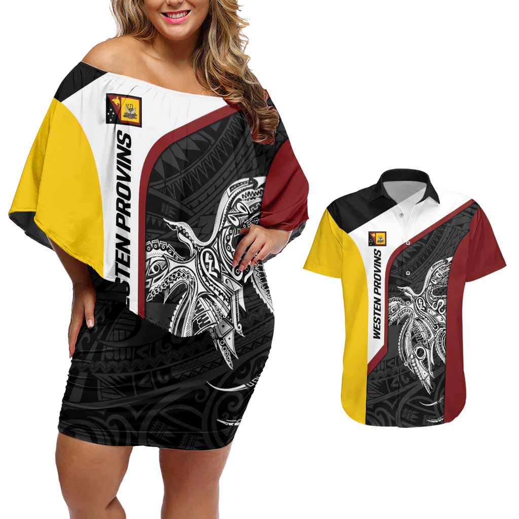 Personalised PNG Western Province Couples Matching Off Shoulder Short Dress and Hawaiian Shirt Bird of Paradise Tattoo Flag Motif LT9 Red - Polynesian Pride