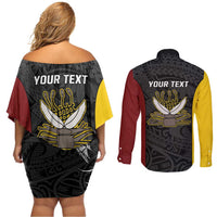 Personalised PNG Western Province Couples Matching Off Shoulder Short Dress and Long Sleeve Button Shirt Bird of Paradise Tattoo Flag Motif LT9 - Polynesian Pride
