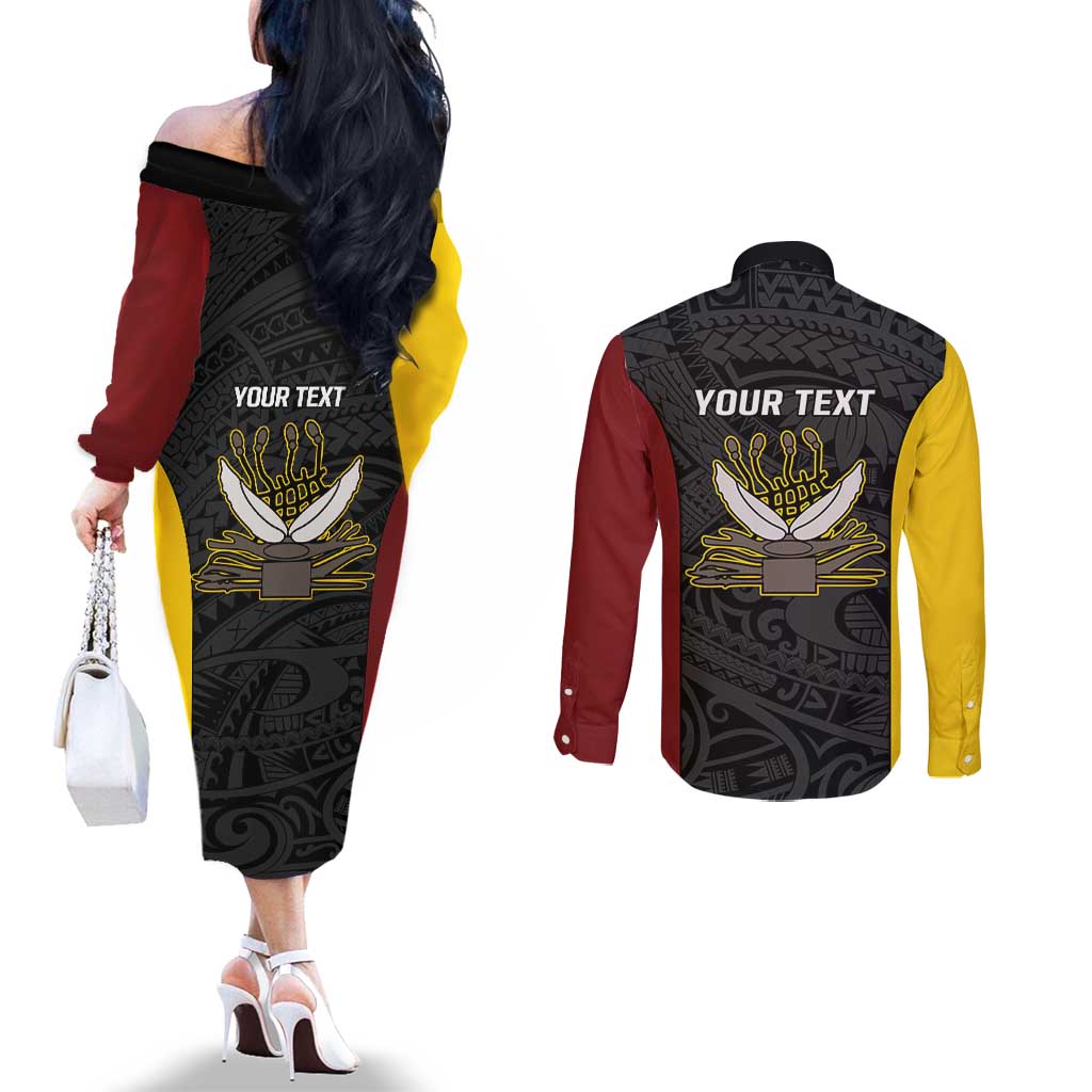 Personalised PNG Western Province Couples Matching Off The Shoulder Long Sleeve Dress and Long Sleeve Button Shirt Bird of Paradise Tattoo Flag Motif LT9 - Polynesian Pride