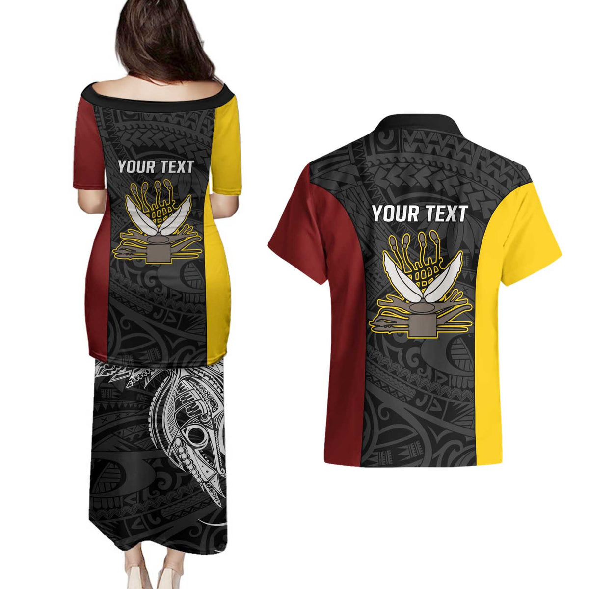 Personalised PNG Western Province Couples Matching Puletasi and Hawaiian Shirt Bird of Paradise Tattoo Flag Motif LT9 - Polynesian Pride