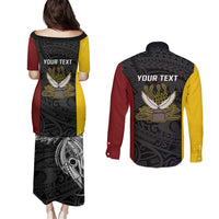 Personalised PNG Western Province Couples Matching Puletasi and Long Sleeve Button Shirt Bird of Paradise Tattoo Flag Motif LT9 - Polynesian Pride