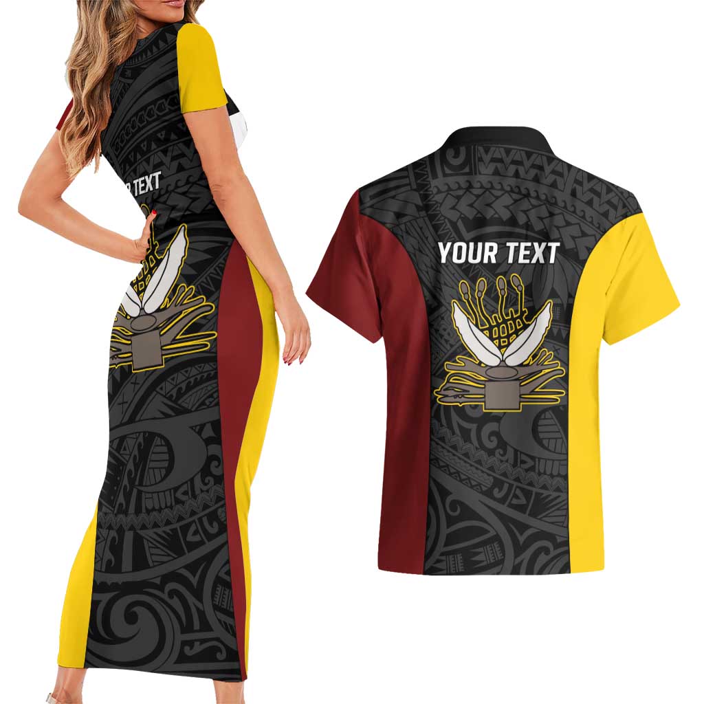 Personalised PNG Western Province Couples Matching Short Sleeve Bodycon Dress and Hawaiian Shirt Bird of Paradise Tattoo Flag Motif LT9 - Polynesian Pride