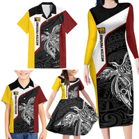 Personalised PNG Western Province Family Matching Long Sleeve Bodycon Dress and Hawaiian Shirt Bird of Paradise Tattoo Flag Motif LT9 - Polynesian Pride