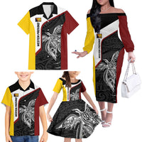 Personalised PNG Western Province Family Matching Off The Shoulder Long Sleeve Dress and Hawaiian Shirt Bird of Paradise Tattoo Flag Motif LT9 - Polynesian Pride