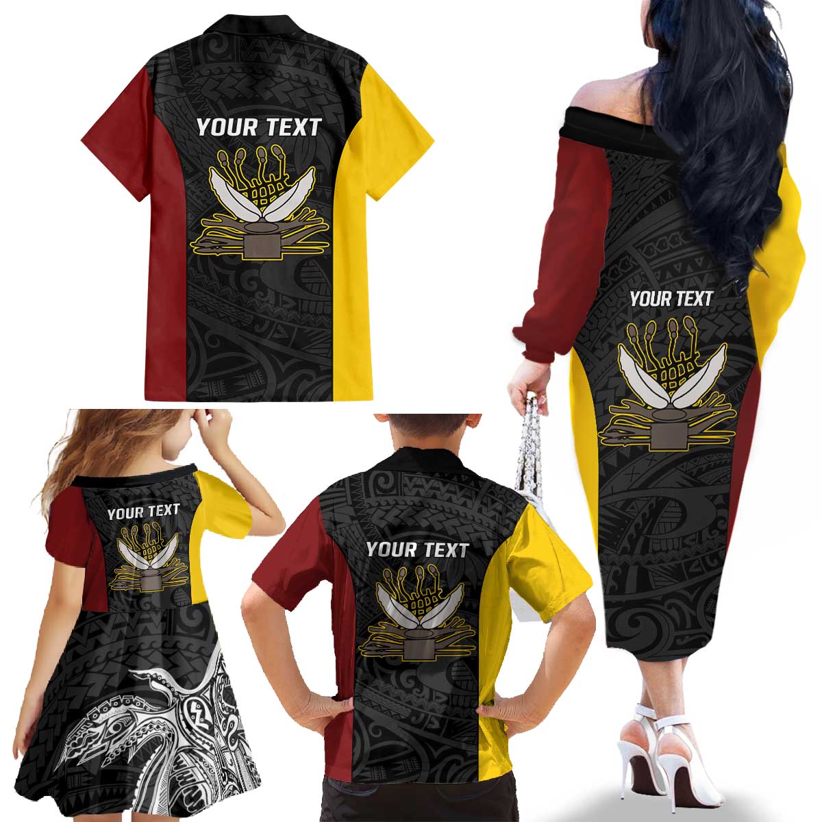 Personalised PNG Western Province Family Matching Off The Shoulder Long Sleeve Dress and Hawaiian Shirt Bird of Paradise Tattoo Flag Motif LT9 - Polynesian Pride