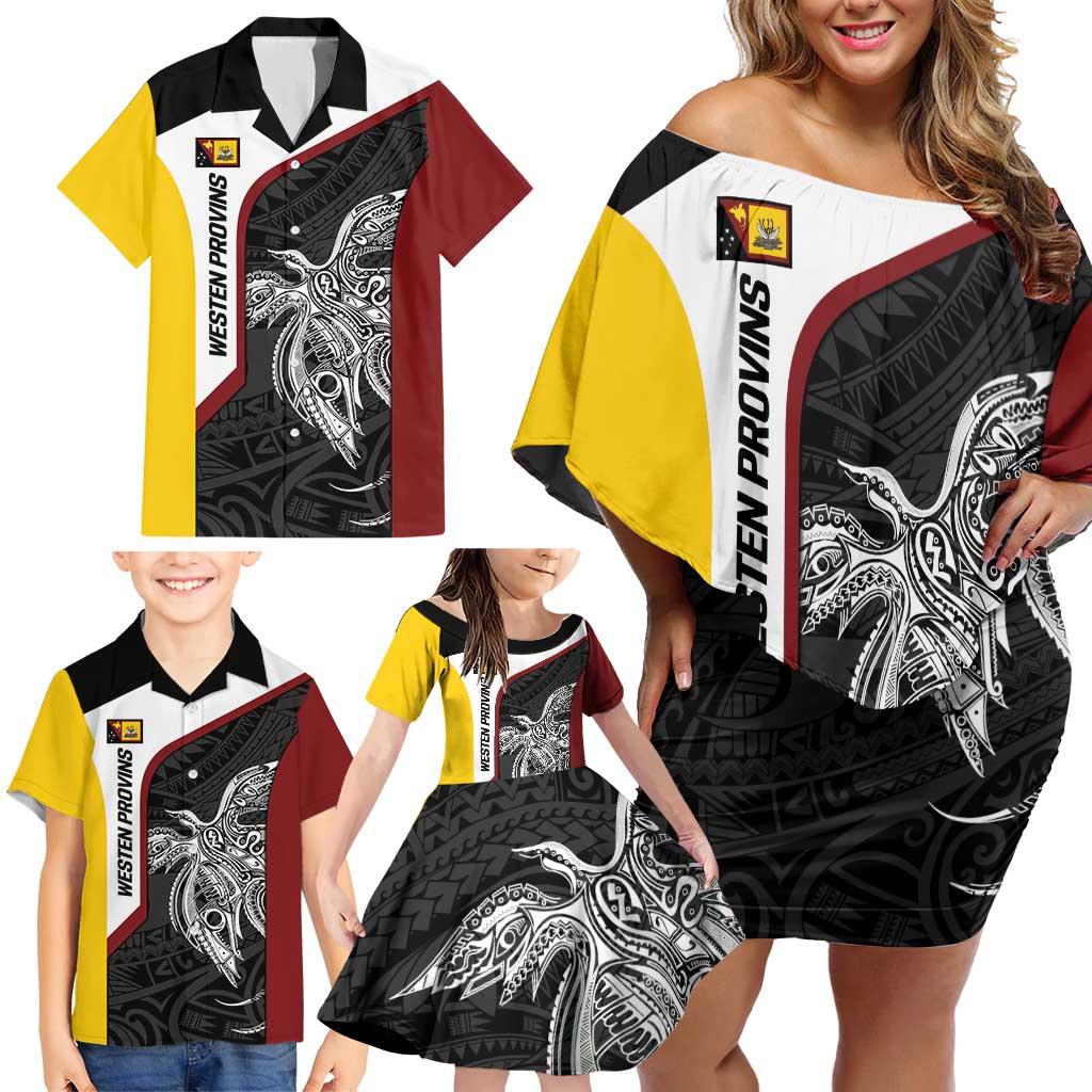 Personalised PNG Western Province Family Matching Off Shoulder Short Dress and Hawaiian Shirt Bird of Paradise Tattoo Flag Motif LT9 - Polynesian Pride