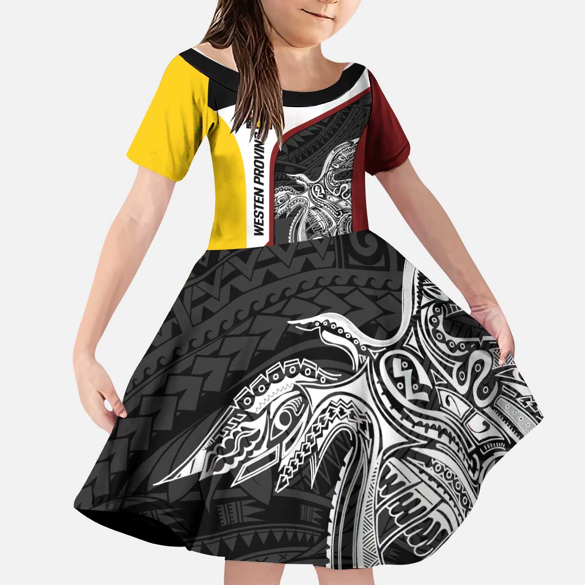 Personalised PNG Western Province Kid Short Sleeve Dress Bird of Paradise Tattoo Flag Motif LT9 KID Red - Polynesian Pride