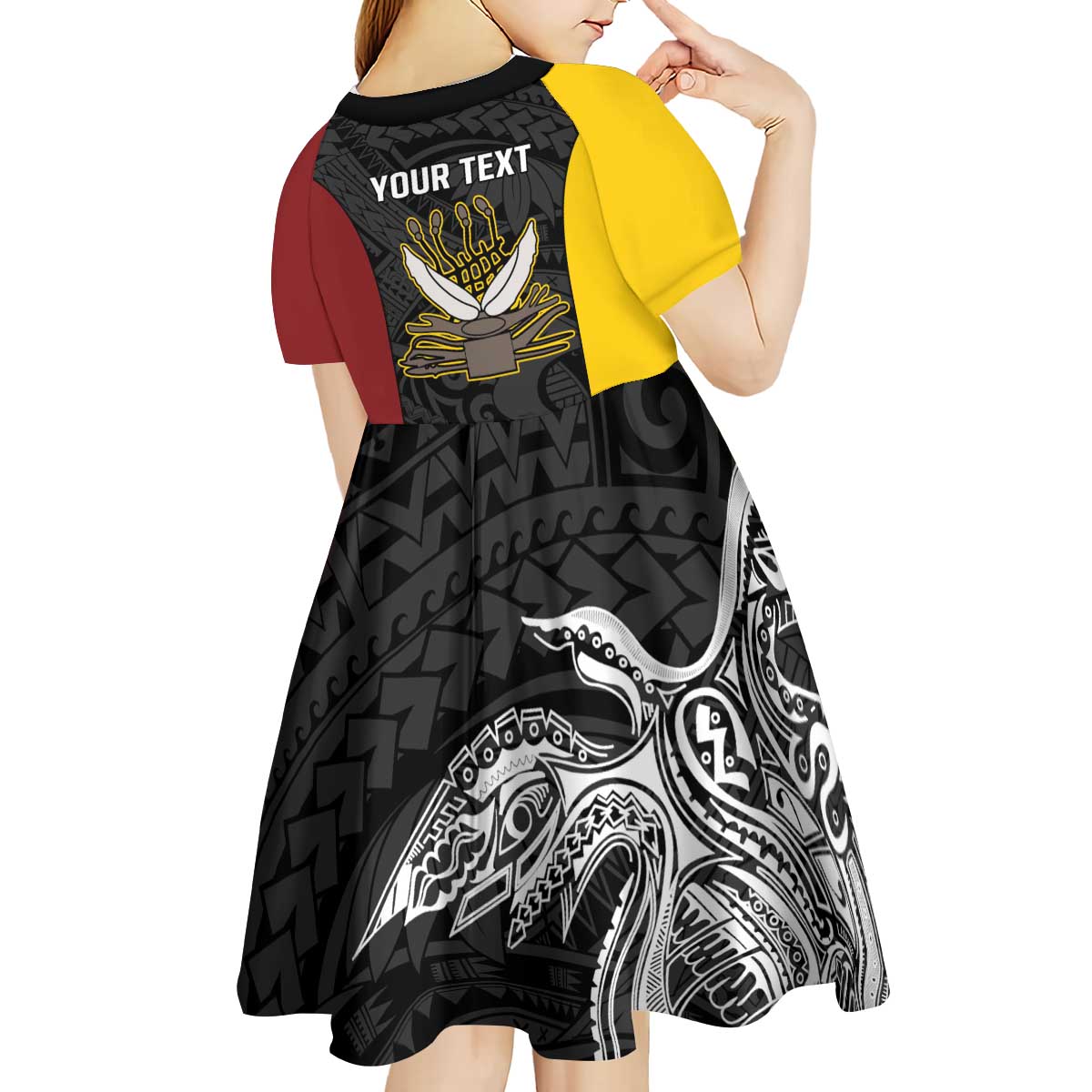 Personalised PNG Western Province Kid Short Sleeve Dress Bird of Paradise Tattoo Flag Motif LT9 - Polynesian Pride