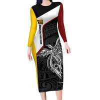 Personalised PNG Western Province Long Sleeve Bodycon Dress Bird of Paradise Tattoo Flag Motif LT9 Long Dress Red - Polynesian Pride