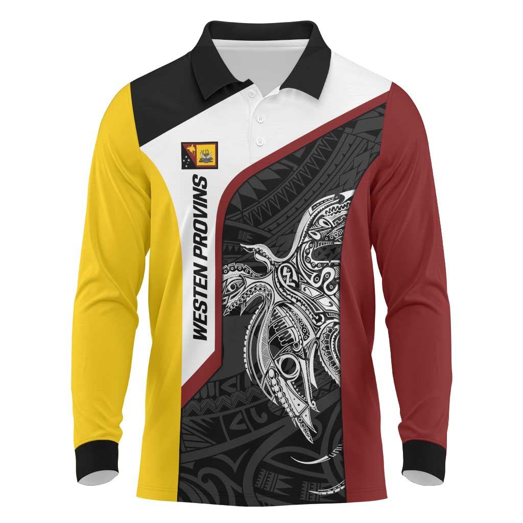 Personalised PNG Western Province Long Sleeve Polo Shirt Bird of Paradise Tattoo Flag Motif LT9 Red - Polynesian Pride