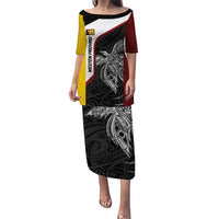 Personalised PNG Western Province Puletasi Bird of Paradise Tattoo Flag Motif LT9 Long Dress Red - Polynesian Pride