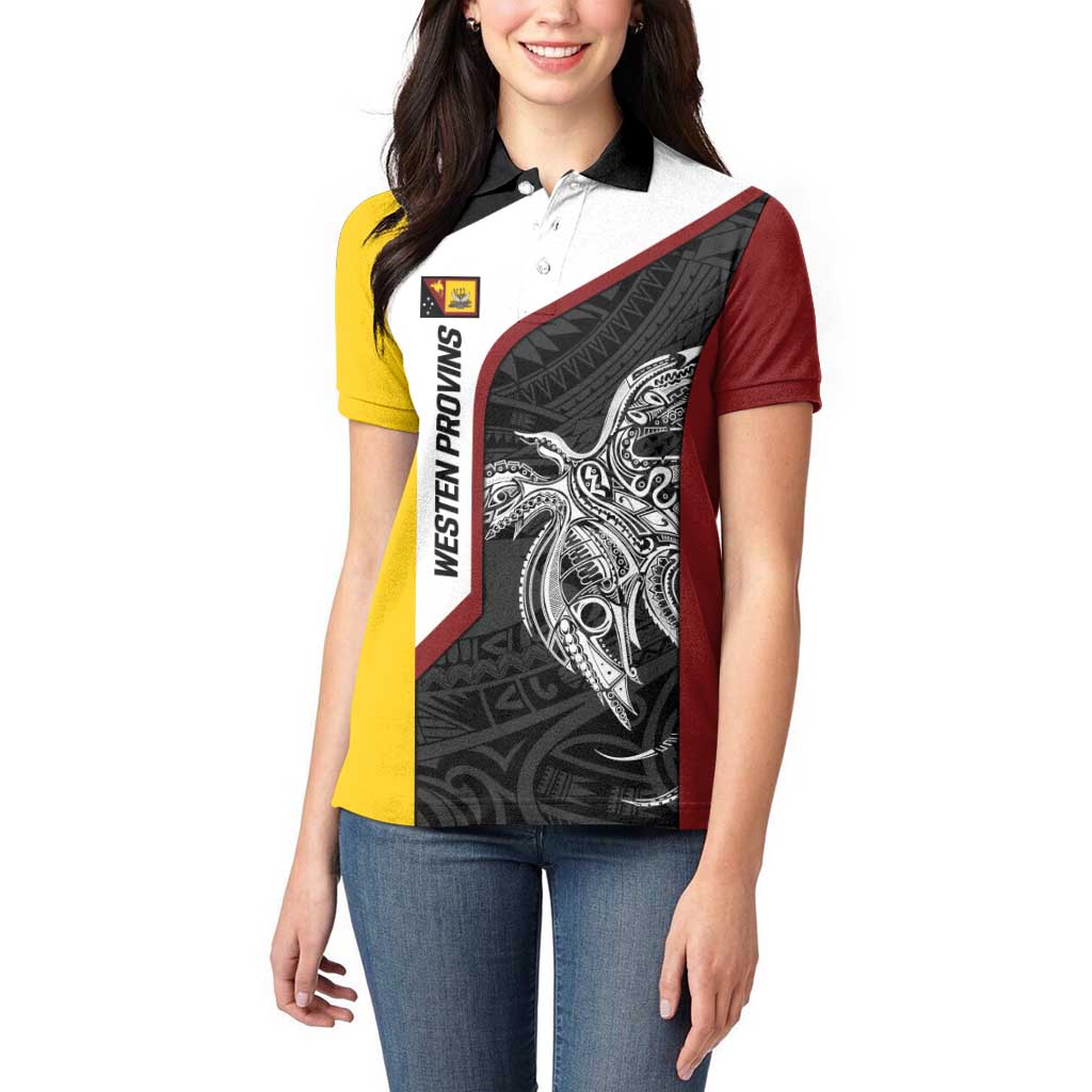 Personalised PNG Western Province Women Polo Shirt Bird of Paradise Tattoo Flag Motif LT9 - Polynesian Pride