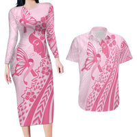 Pacific Girl and Butterfly Cancer Ribbon Personalised Couples Matching Long Sleeve Bodycon Dress and Hawaiian Shirt LT9 Pink - Polynesian Pride