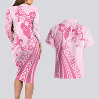 Pacific Girl and Butterfly Cancer Ribbon Personalised Couples Matching Long Sleeve Bodycon Dress and Hawaiian Shirt LT9 - Polynesian Pride