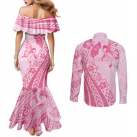 Pacific Girl and Butterfly Cancer Ribbon Personalised Couples Matching Mermaid Dress and Long Sleeve Button Shirt