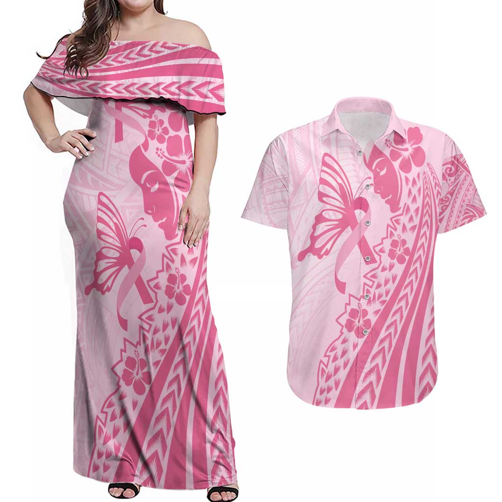 Pacific Girl and Butterfly Cancer Ribbon Personalised Couples Matching Off Shoulder Maxi Dress and Hawaiian Shirt LT9 Pink - Polynesian Pride