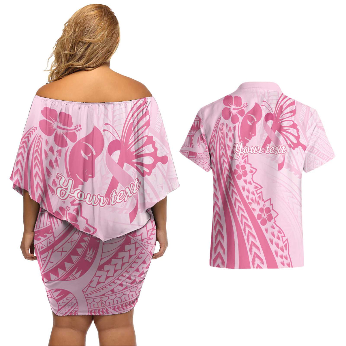 Pacific Girl and Butterfly Cancer Ribbon Personalised Couples Matching Off Shoulder Short Dress and Hawaiian Shirt LT9 - Polynesian Pride