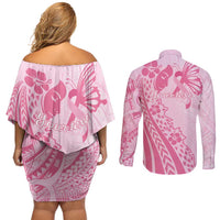 Pacific Girl and Butterfly Cancer Ribbon Personalised Couples Matching Off Shoulder Short Dress and Long Sleeve Button Shirt