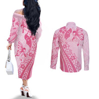 Pacific Girl and Butterfly Cancer Ribbon Personalised Couples Matching Off The Shoulder Long Sleeve Dress and Long Sleeve Button Shirt LT9 - Polynesian Pride
