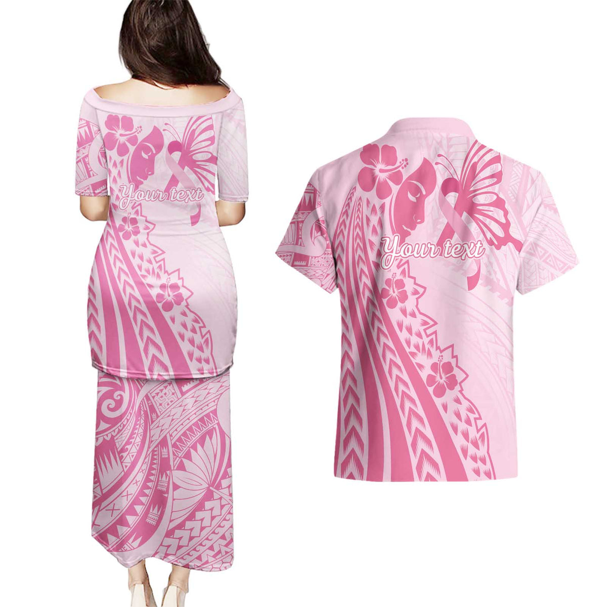 Pacific Girl and Butterfly Cancer Ribbon Personalised Couples Matching Puletasi and Hawaiian Shirt