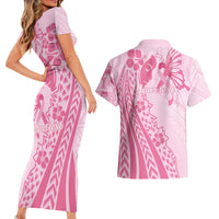 Pacific Girl and Butterfly Cancer Ribbon Personalised Couples Matching Short Sleeve Bodycon Dress and Hawaiian Shirt LT9 - Polynesian Pride