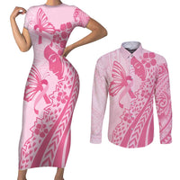 Pacific Girl and Butterfly Cancer Ribbon Personalised Couples Matching Short Sleeve Bodycon Dress and Long Sleeve Button Shirt LT9 Pink - Polynesian Pride