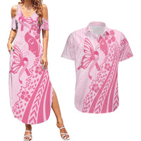 Pacific Girl and Butterfly Cancer Ribbon Personalised Couples Matching Summer Maxi Dress and Hawaiian Shirt LT9 Pink - Polynesian Pride