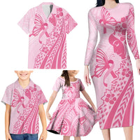 Pacific Girl and Butterfly Cancer Ribbon Personalised Family Matching Long Sleeve Bodycon Dress and Hawaiian Shirt LT9 - Polynesian Pride