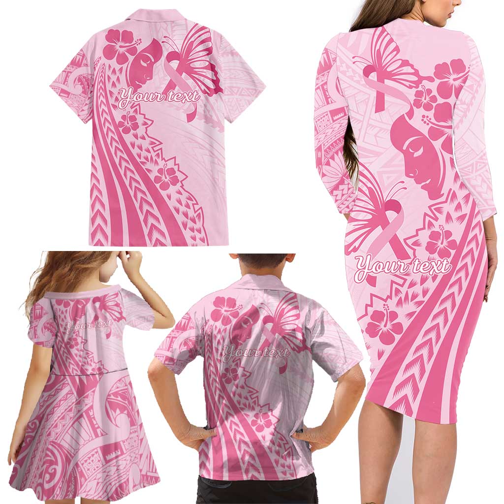 Pacific Girl and Butterfly Cancer Ribbon Personalised Family Matching Long Sleeve Bodycon Dress and Hawaiian Shirt LT9 - Polynesian Pride